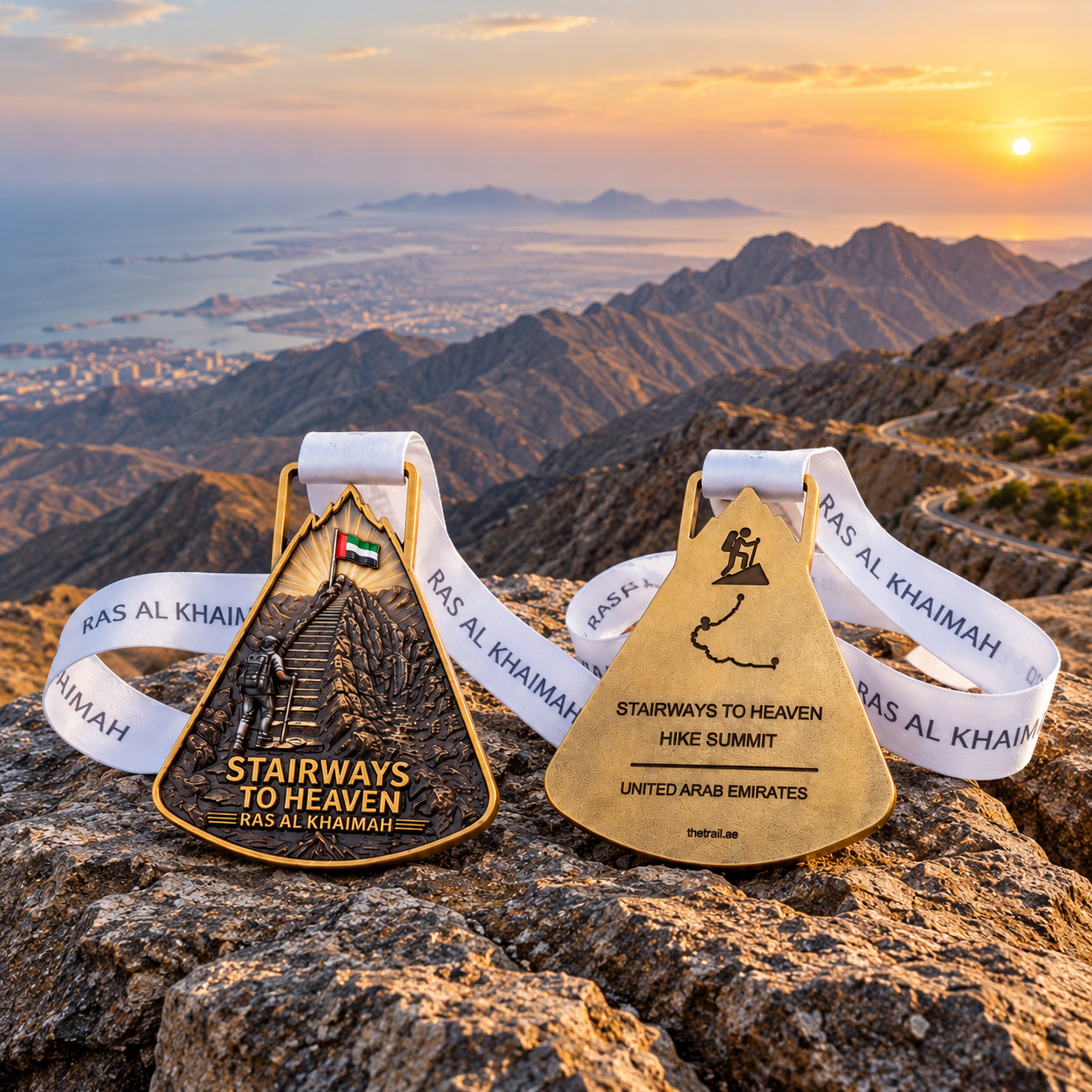 Stairways to Heaven Trail Medal on a summit rock above Ras Al Khaimah at sunset