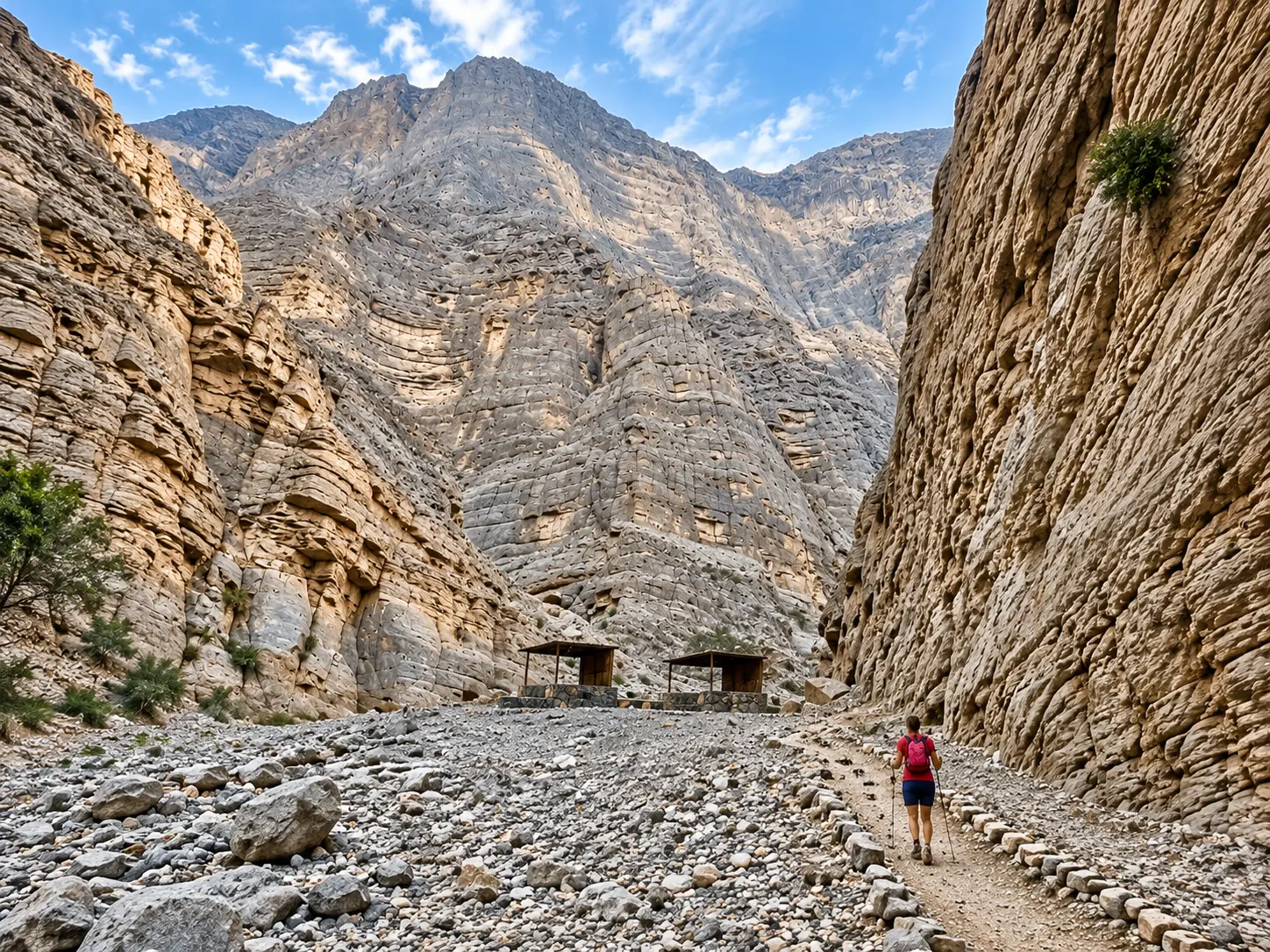 A hiker walking through Wadi Ghalilah in the Hajar Mountains, Ras Al Khaimah