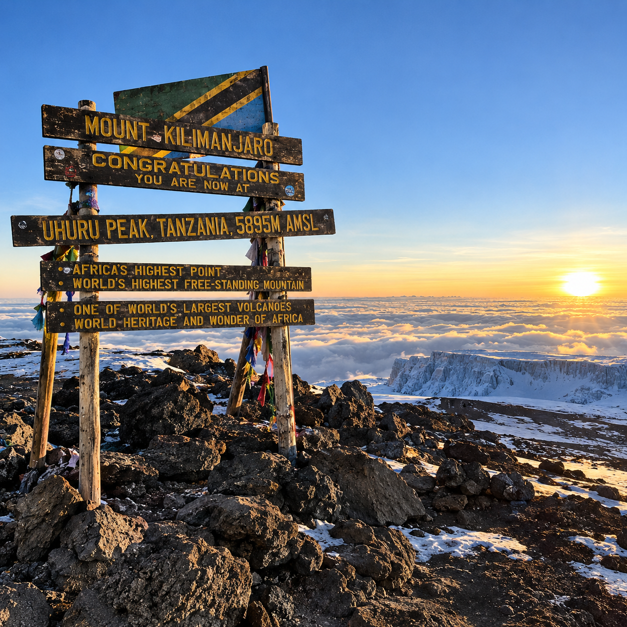 Uhuru Peak summit sign on Mount Kilimanjaro at sunrise