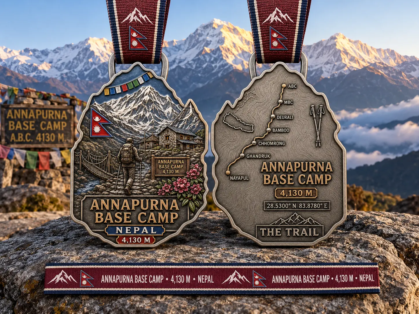 Annapurna Base Camp Trail Medal, front and back, on a rock with the Annapurna range behind