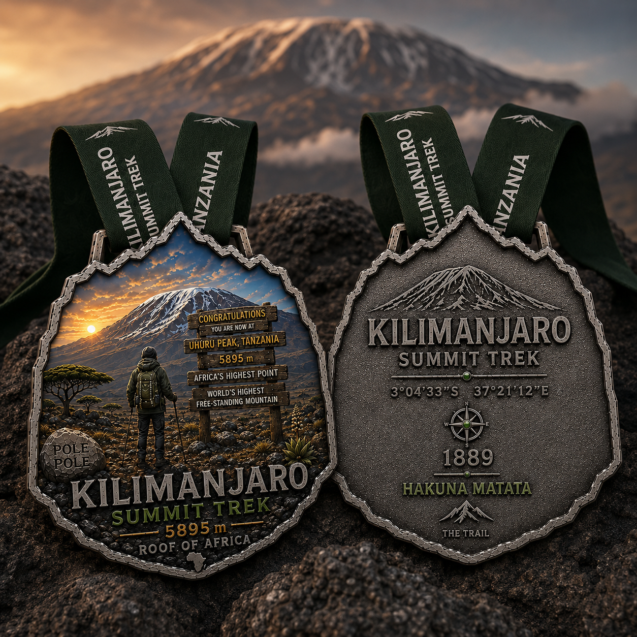 Kilimanjaro Summit Trek Trail Medal, front and back, on volcanic rock below Kilimanjaro at sunrise