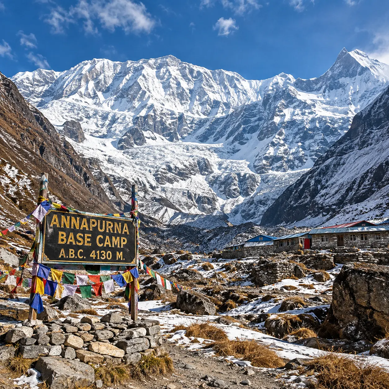 Annapurna Base Camp sign and prayer flags with the Annapurna Sanctuary peaks behind