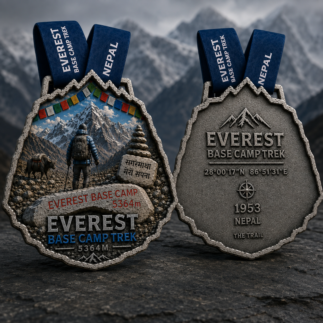 Everest Base Camp Trail Medal front and back against the Himalayas