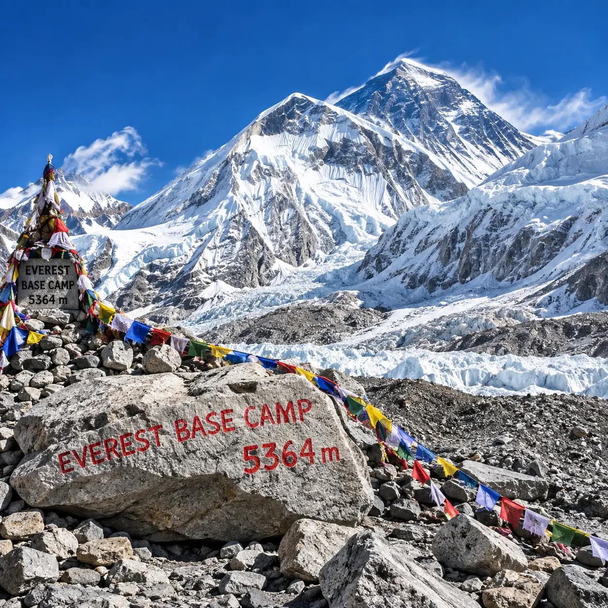 Everest Base Camp sign at 5,364m with prayer flags and Mount Everest in the background